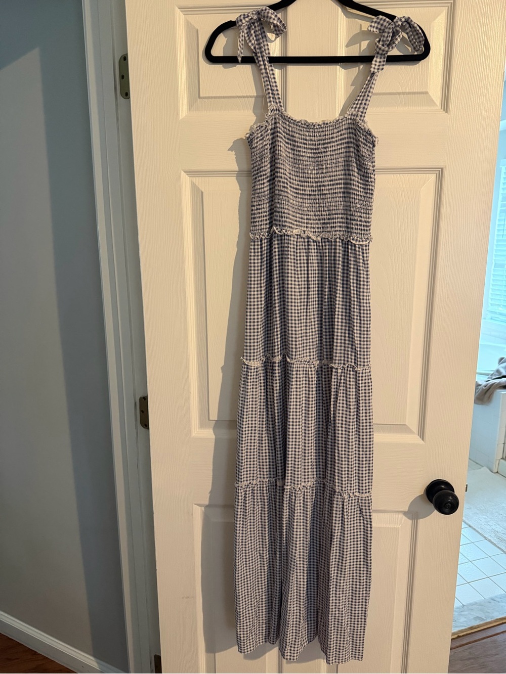 Gingham Tiered Maxi Dress with Faux Tie Straps - Blue & White